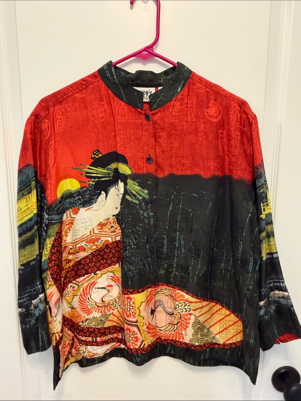Chico's Design Asian Geisha Silk Red Button-Front Blouse